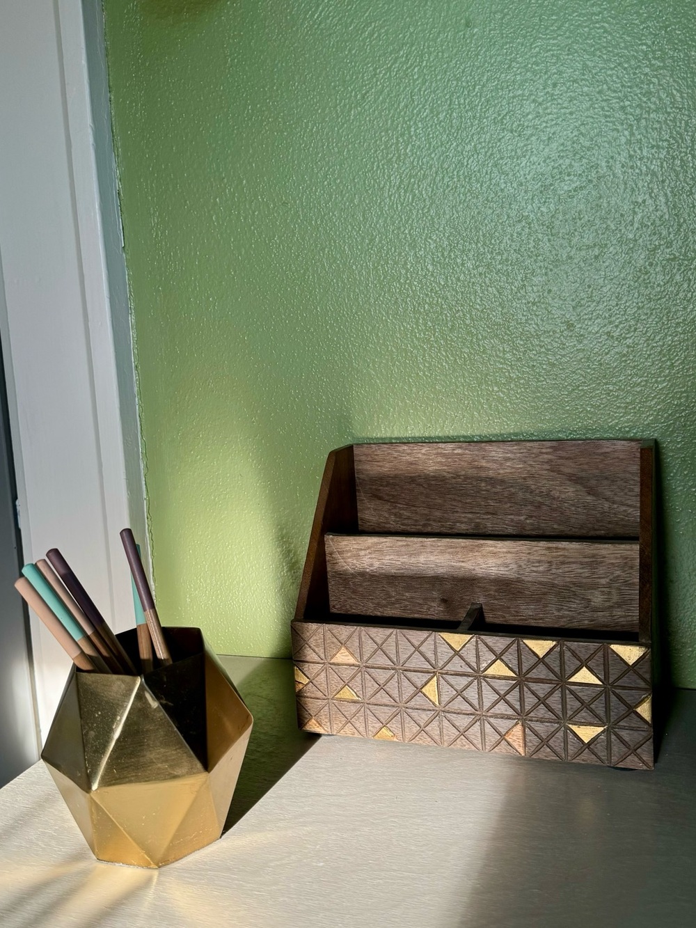 Wooden and Gold Brass Desk Accessories Mid Century Modern Style